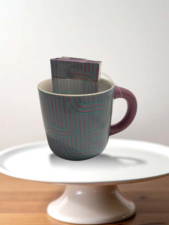 Other - Stylish Pink Handle Teal Patterned Ceramic Mug with playing cards